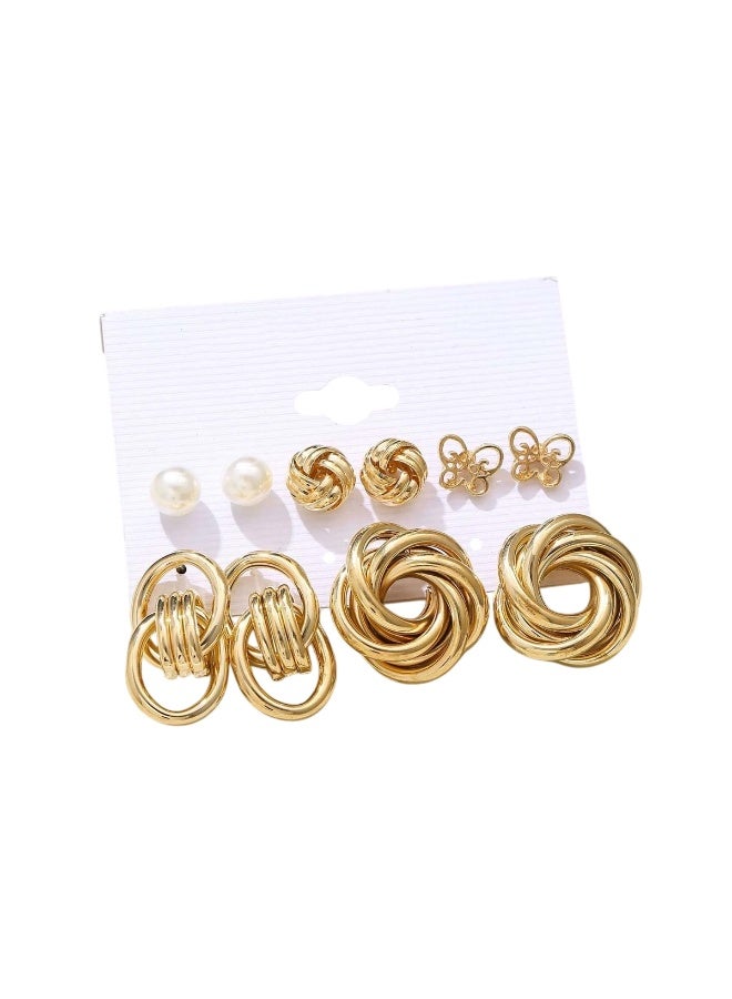 Huitich Gold Knot & Pearl Design Earring Set – 5 Pairs - Image 1