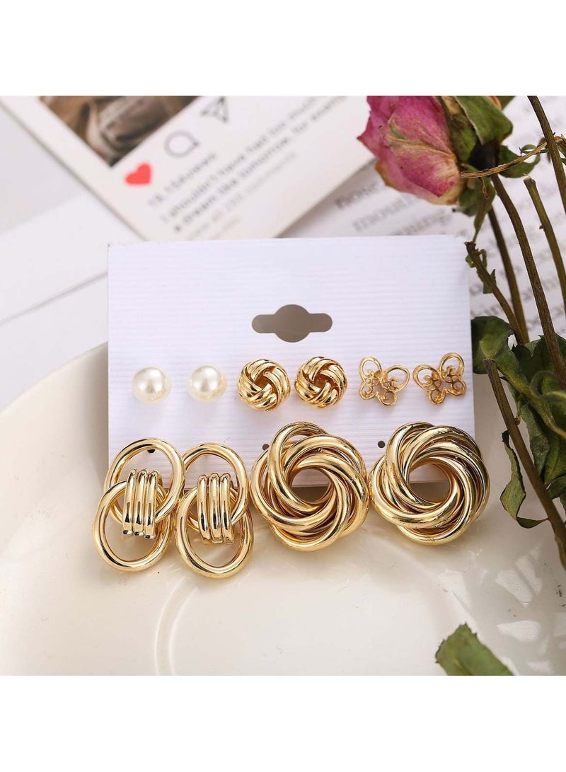 Huitich Gold Knot & Pearl Design Earring Set – 5 Pairs - Image 4