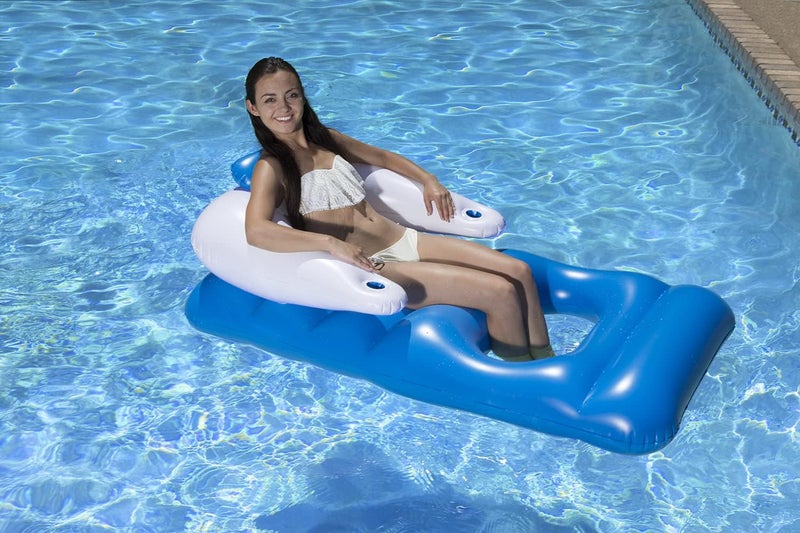 Poolmaster Classic Pool Lounge Float in Blue with Neck Roll and Beverage Pockets - Image 5