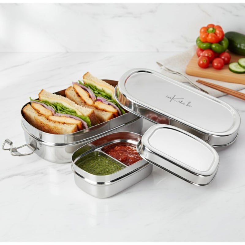 inKitch Lunch Box for Office Use | 750ML Leak-Proof Stainless Steel Tiffin Box for Office with Inner Box & Secure Lock Clip | Food-Grade & Travel Friendly - Image 2