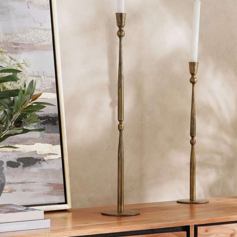 Pan Home Fintan Metal Taper Candle Holder 12x12x61cm- Brass Antique