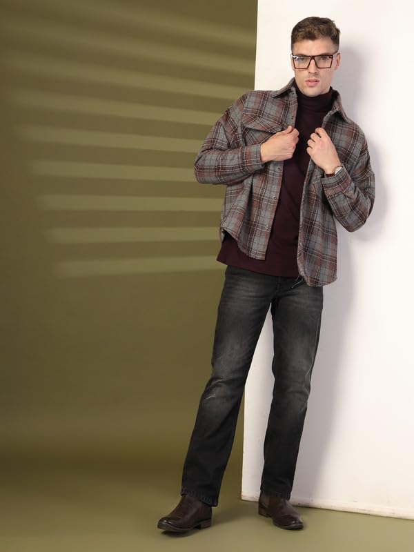 CHKOKKO Men Winter Oversized Shacket Stylish Flannel Plaid Polyester Standard Length Jacket Shirt Anthra Wine S - Image 5