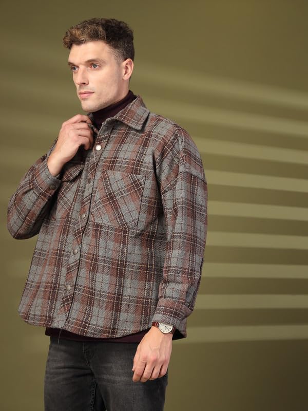 CHKOKKO Men Winter Oversized Shacket Stylish Flannel Plaid Polyester Standard Length Jacket Shirt Anthra Wine S - Image 3