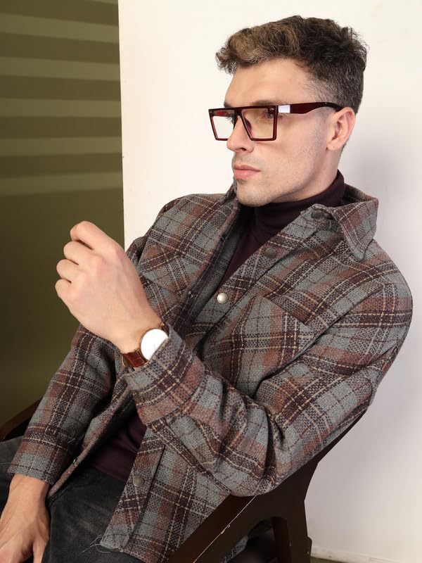 CHKOKKO Men Winter Oversized Shacket Stylish Flannel Plaid Polyester Standard Length Jacket Shirt Anthra Wine S - Image 4