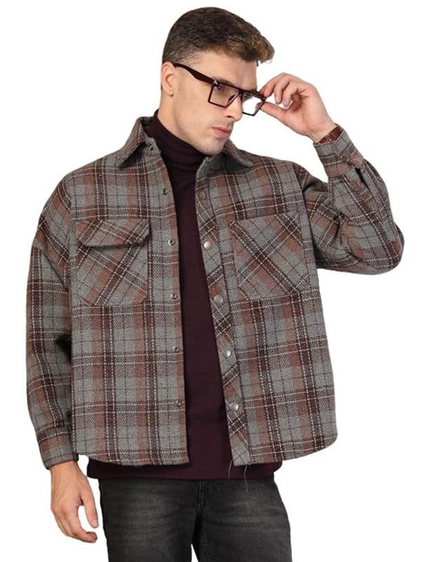 CHKOKKO Men Winter Oversized Shacket Stylish Flannel Plaid Polyester Standard Length Jacket Shirt Anthra Wine S - Image 1