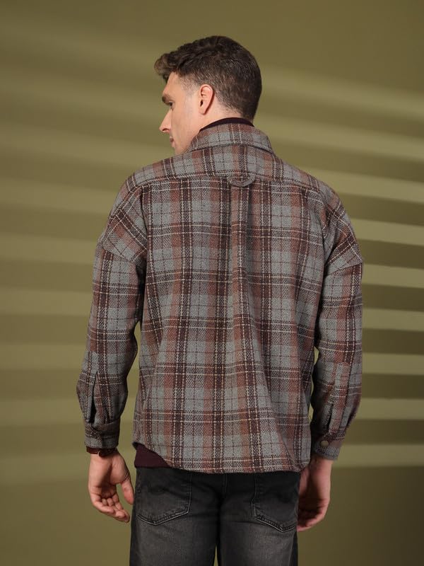 CHKOKKO Men Winter Oversized Shacket Stylish Flannel Plaid Polyester Standard Length Jacket Shirt Anthra Wine S - Image 2