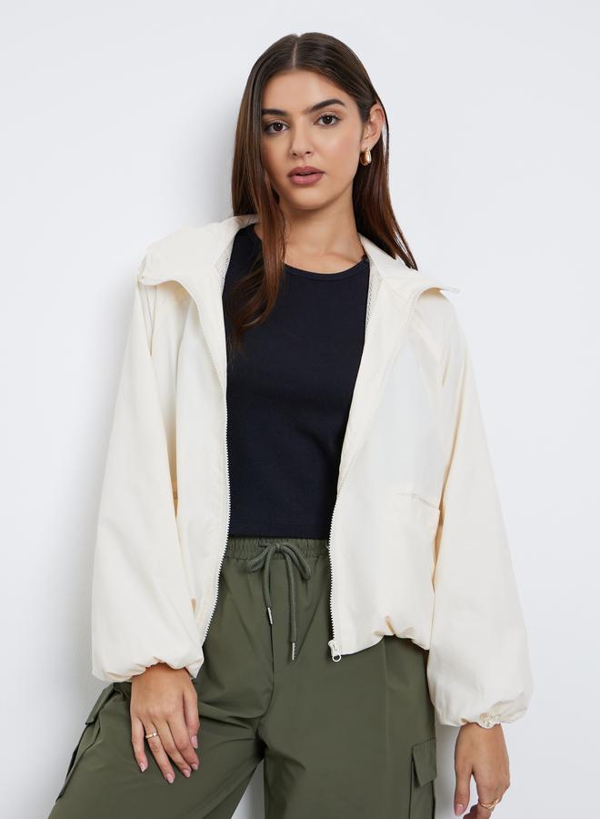 Styli Off White Regular Fit Hooded Bomber Jacket - Image 3