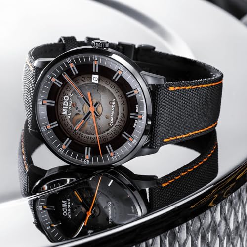 MIDO Commander Gradient - Swiss Automatic Watch for Men - Black See-Through Dial - 40mm Stainless Steel Case with Black PVD Coating - Fabric Strap with Orange Stitching - M0214073741100 - Image 5