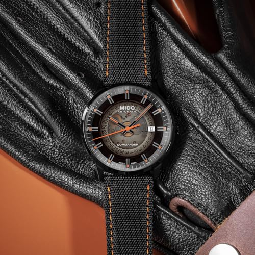 MIDO Commander Gradient - Swiss Automatic Watch for Men - Black See-Through Dial - 40mm Stainless Steel Case with Black PVD Coating - Fabric Strap with Orange Stitching - M0214073741100 - Image 3