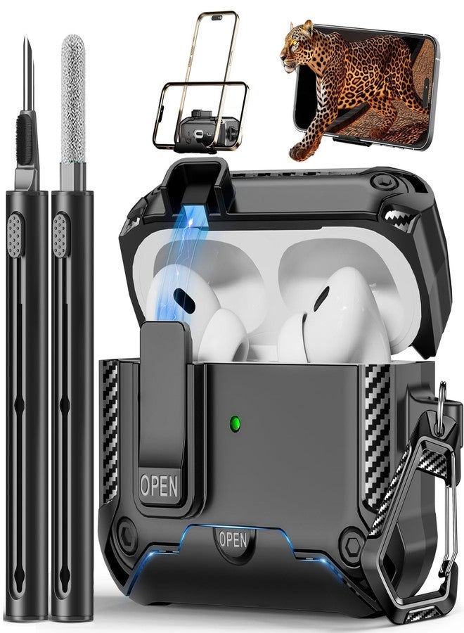 Polislime for AirPods Pro 2 Generation Case with Phone Stand,Full Drop Protection Automatic Snap Switch Design with Cleaner Kit for iPod Pro Charging (USB-C/Lightning Cable)-Balck - Image 1