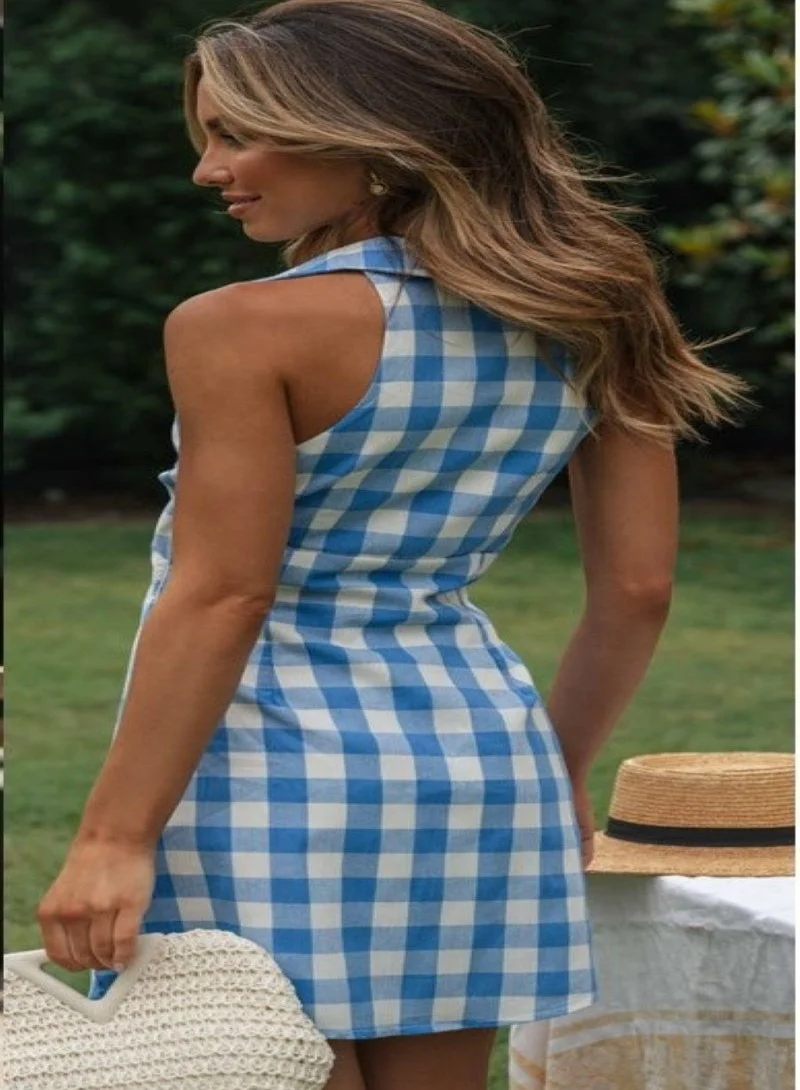 يونيكي Multicolour Checked Sleeveless Cut-Outs Detail Shirt Collar A-Line Dress