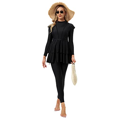 YONGSEN Women Burkini Islamic Modest Plus Size Muslim Swimwear with Bra Pad Front Black and White Grid Hijab Swimsuit (Black, L) - Image 2