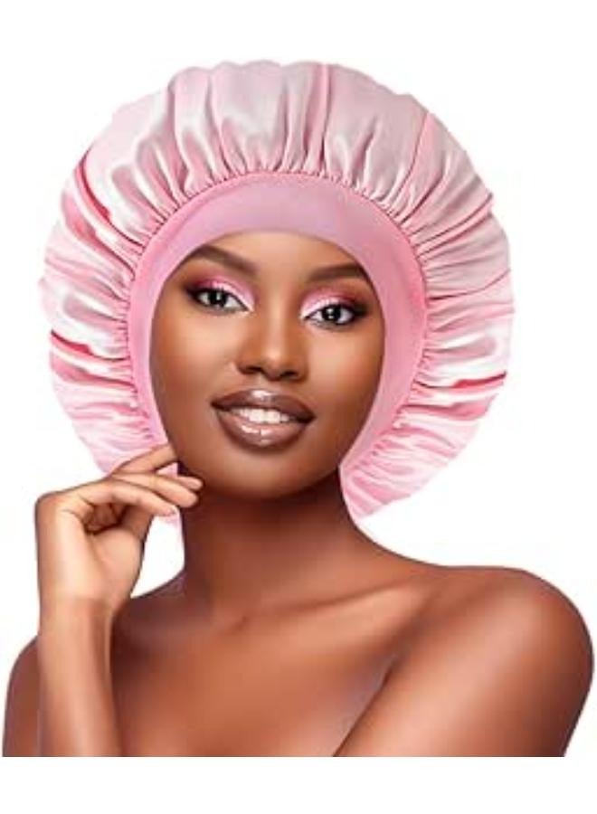 Generic KEPUWAY Satin Bonnet Silk Bonnet for Sleeping,Satin Hair Bonnets for Sleeping Widesoft Band, Sleep Cap Hair Wrap Bonnets for Women Black Curly Hair Natural Hair (Pink) showercap - Image 3