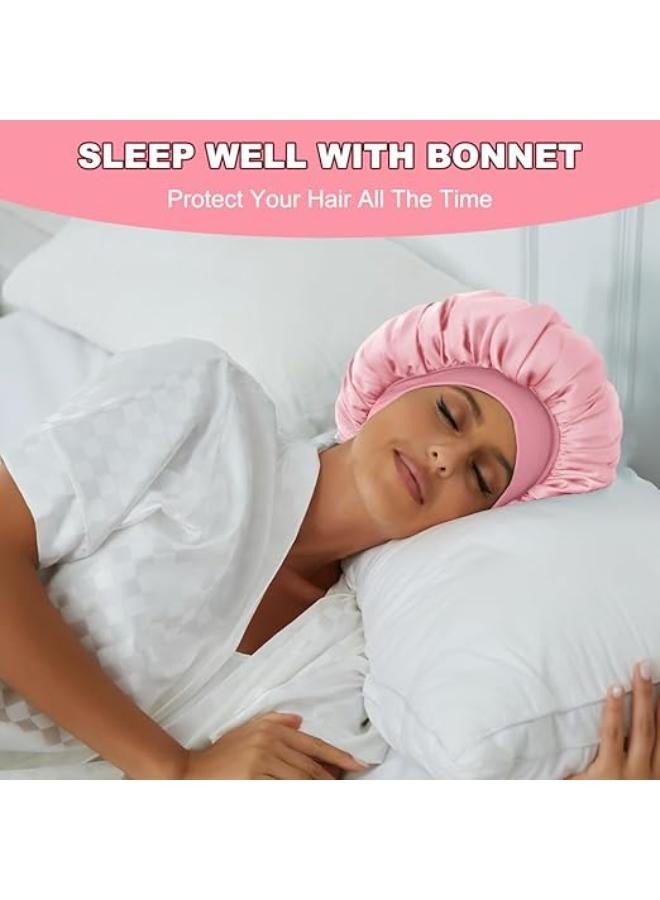 Generic KEPUWAY Satin Bonnet Silk Bonnet for Sleeping,Satin Hair Bonnets for Sleeping Widesoft Band, Sleep Cap Hair Wrap Bonnets for Women Black Curly Hair Natural Hair (Pink) showercap - Image 2