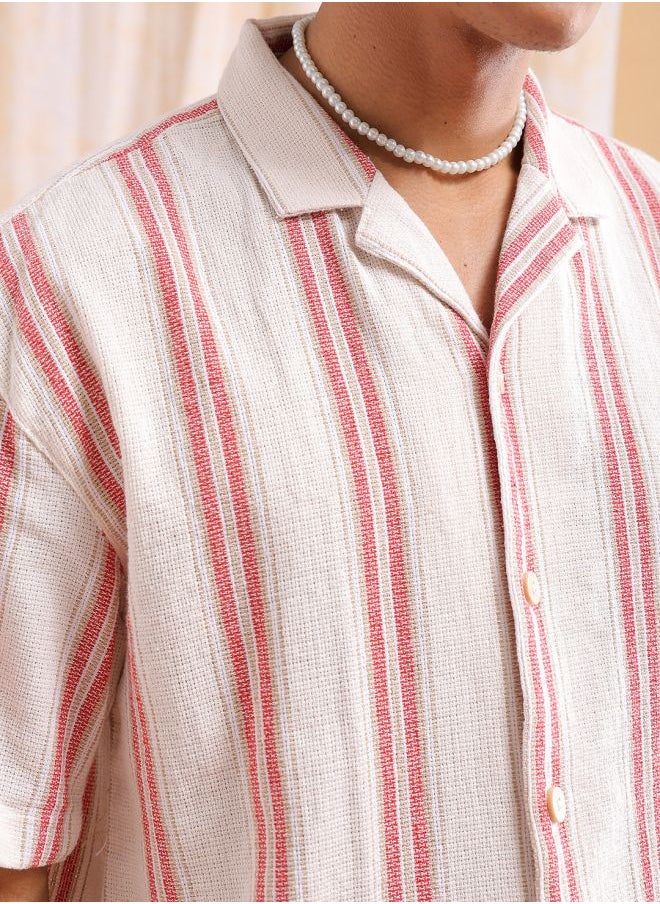 The Indian Garage Co Men Relaxed Fit Striped Half Sleeves Cuban Collar Resort Wear Shirt  - Image 4