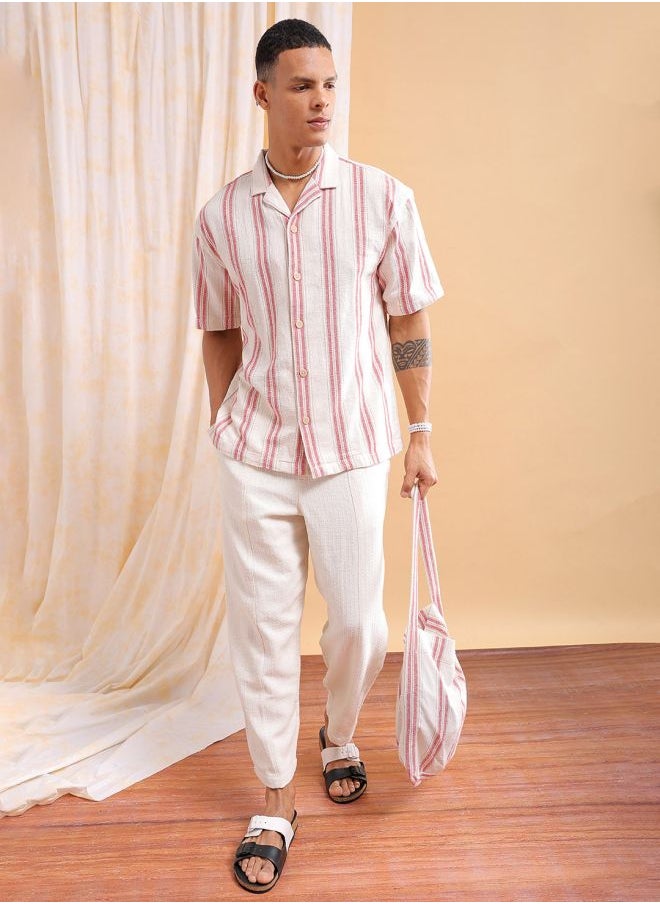 The Indian Garage Co Men Relaxed Fit Striped Half Sleeves Cuban Collar Resort Wear Shirt  - Image 5
