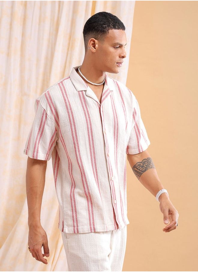 The Indian Garage Co Men Relaxed Fit Striped Half Sleeves Cuban Collar Resort Wear Shirt  - Image 3