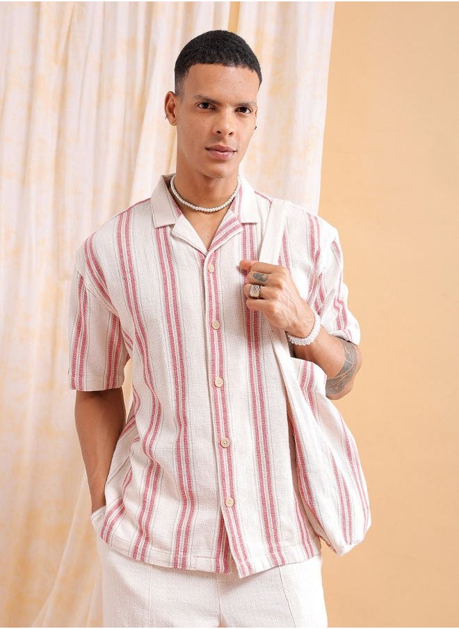 The Indian Garage Co Men Relaxed Fit Striped Half Sleeves Cuban Collar Resort Wear Shirt  - Image 1