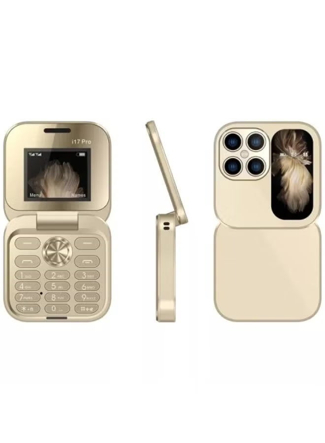 i17 Pro Mini Flip Phone – Elegant Gold Dual SIM Retro Keypad Mobile