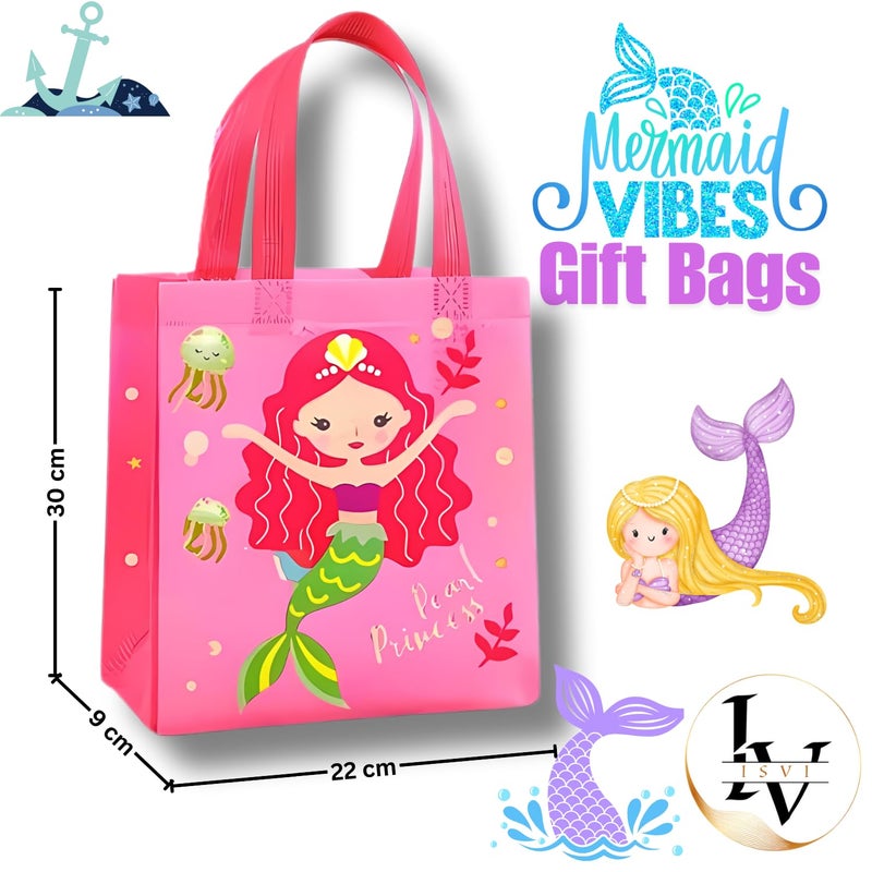 IsVi Mermaid Theme Return Gift Bags (Pack of 10) - Reusable Canvas Goodie Bags for Kids Birthday, Sturdy Multi-Purpose Gift Bags for Girl Theme, Perfect Party Favor Gifts and Treat Bags - Image 2