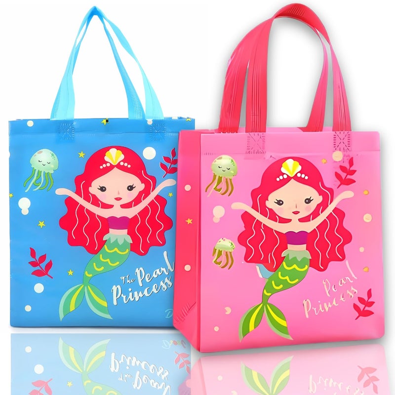 IsVi Mermaid Theme Return Gift Bags (Pack of 10) - Reusable Canvas Goodie Bags for Kids Birthday, Sturdy Multi-Purpose Gift Bags for Girl Theme, Perfect Party Favor Gifts and Treat Bags - Image 1