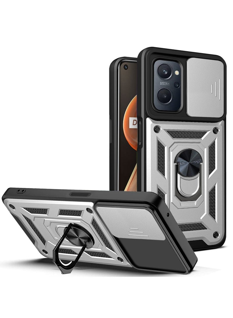 Case Cover Shockproof Windows Protective Case with Camera Protection and Metal Ring Compatible with Oppo A76 4G / Realme 9i 4G / A36 / A96 4G (Silver)