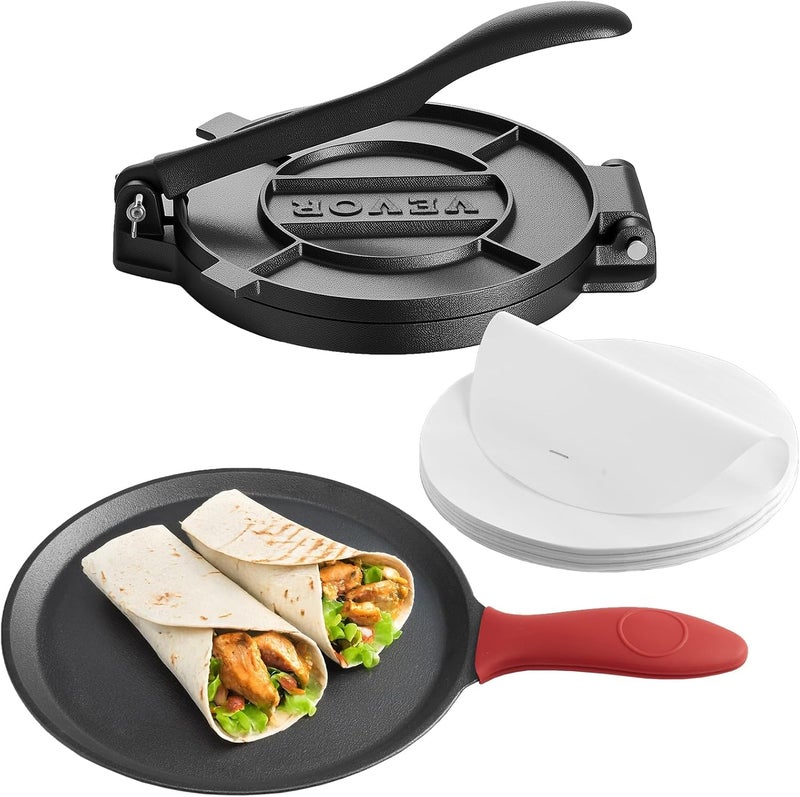 VEVOR Tortilla Press, 8 Inch Cast Iron Tortilla and Roti Maker, Heavy Duty Tortilladora Press, Pataconera Makers with Handle and 100 Pcs Parchment Paper, Dough Taco Press for Flour Tortilla, Tawa - Image 1