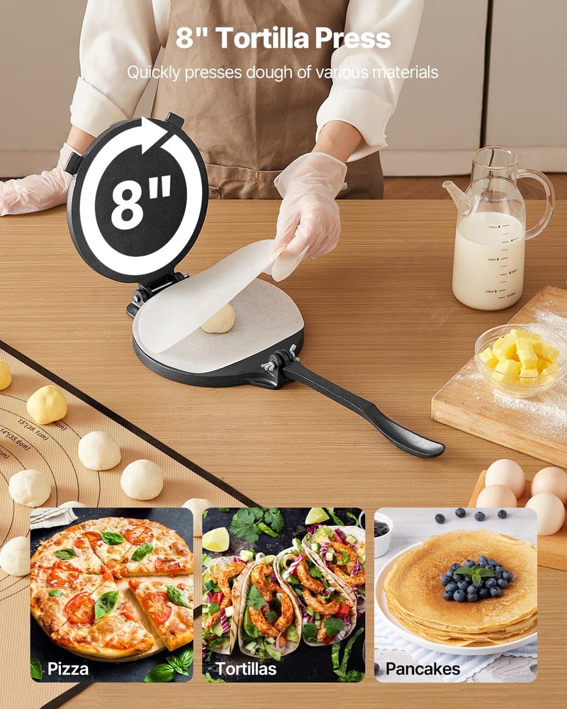 VEVOR Tortilla Press, 8 Inch Cast Iron Tortilla and Roti Maker, Heavy Duty Tortilladora Press, Pataconera Makers with Handle and 100 Pcs Parchment Paper, Dough Taco Press for Flour Tortilla, Tawa - Image 2