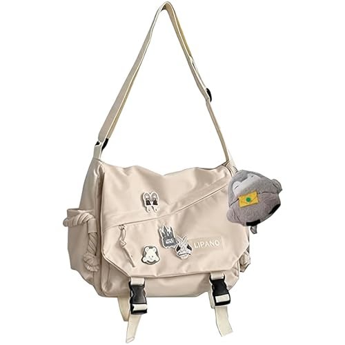 Inshere Aesthetic Crossbody Bag with Cute Pins and Ornament, Casual Shoulder Messenger Bag Japanese Kawaii Bag for Women Men (White) - Image 1