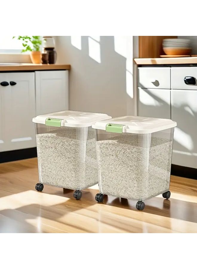 2 Pcs Cream Rice Buckets With Wheels Sealed Flip Lid Kitchen Storage Box - Image 2