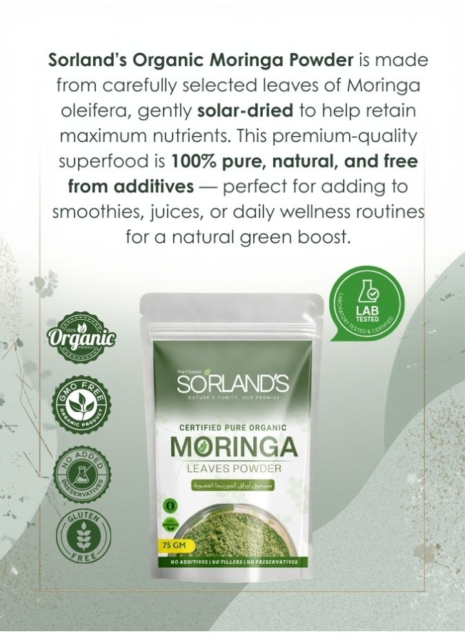 Sorland's  Premium Organic Moringa Leaves Powder - 75 Gm Complete Natural Superfood | Certified Organic | Premium Quality with Shed Drying Solar Technology (Sand & Dust free) - Image 2