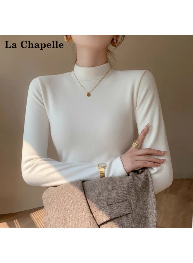 La Chapelle Women's Fleece-lined Half Turtleneck Cashmere Base Shirt Winter Thickened Silk Warm Long Sleeve Top Black S - Image 2
