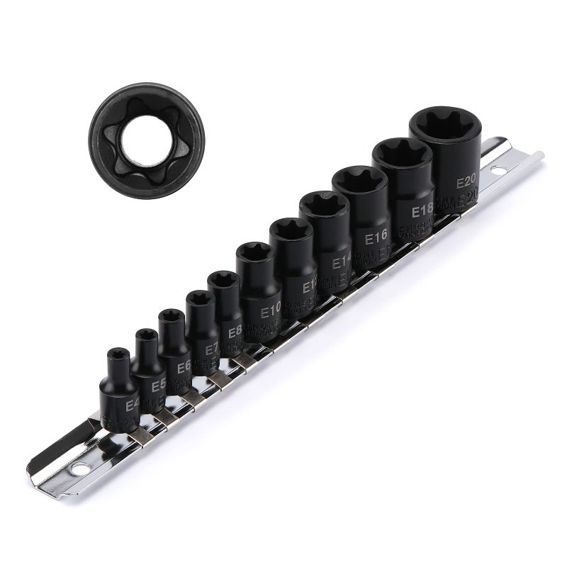 EMENTOL 11PCS ETorx Socket Set with Rail CRV 14 and 38 Drive Female External Torx Star Socket Set E4 E20