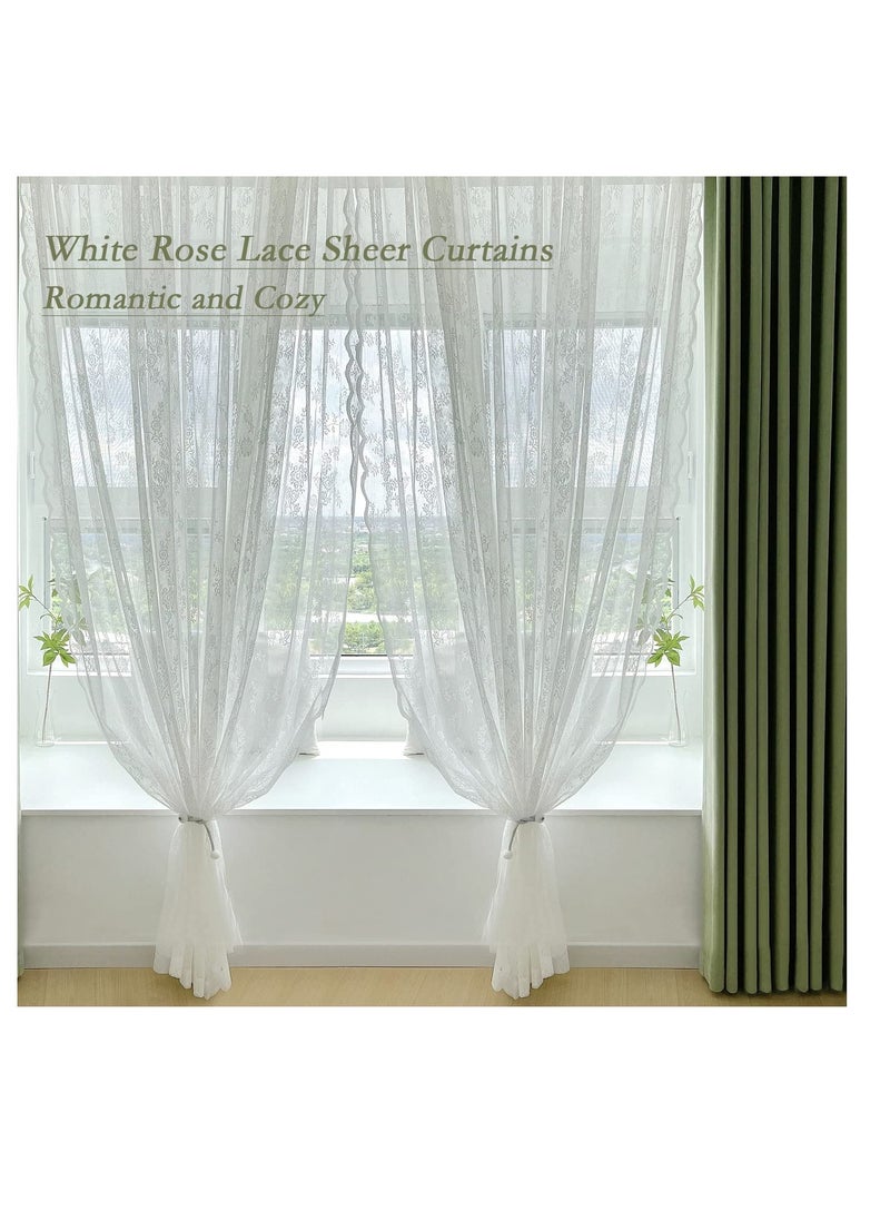 Excefore - White Lace Curtains for Bedroom, Semi Sheer Lace Curtains, Vintage French Embroidered Floral Embroidered Sheer Curtains, Durable Rose Lace Fabric, Curtains Top with Grommet (2 Pcs, 145*244 cm) - Image 1