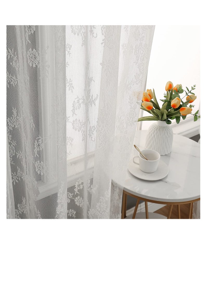 Excefore - White Lace Curtains for Bedroom, Semi Sheer Lace Curtains, Vintage French Embroidered Floral Embroidered Sheer Curtains, Durable Rose Lace Fabric, Curtains Top with Grommet (2 Pcs, 145*244 cm) - Image 1