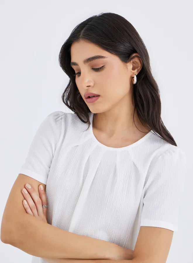 Take Two Take Two Solid Round Neck Pleated Detail Top