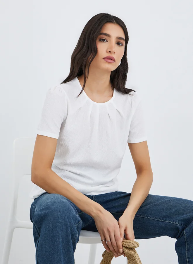Take Two Take Two Solid Round Neck Pleated Detail Top