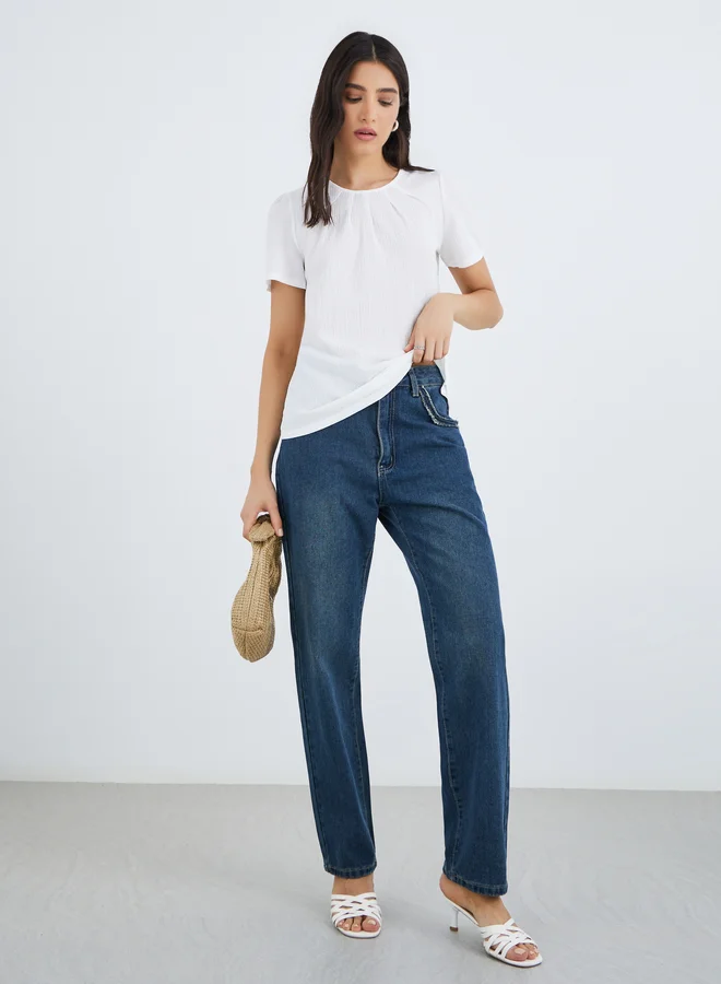 Take Two Take Two Solid Round Neck Pleated Detail Top