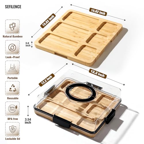 SEFILENCE Charcuterie Board with Clear Locking Lid and Handle, 6 Compartment Bamboo Cheese Board Snackle Box, Portable Cutting Board for Snacks, Fruits&Meats, Ideal Gift for Parties, Birthday& House Warming - Image 2