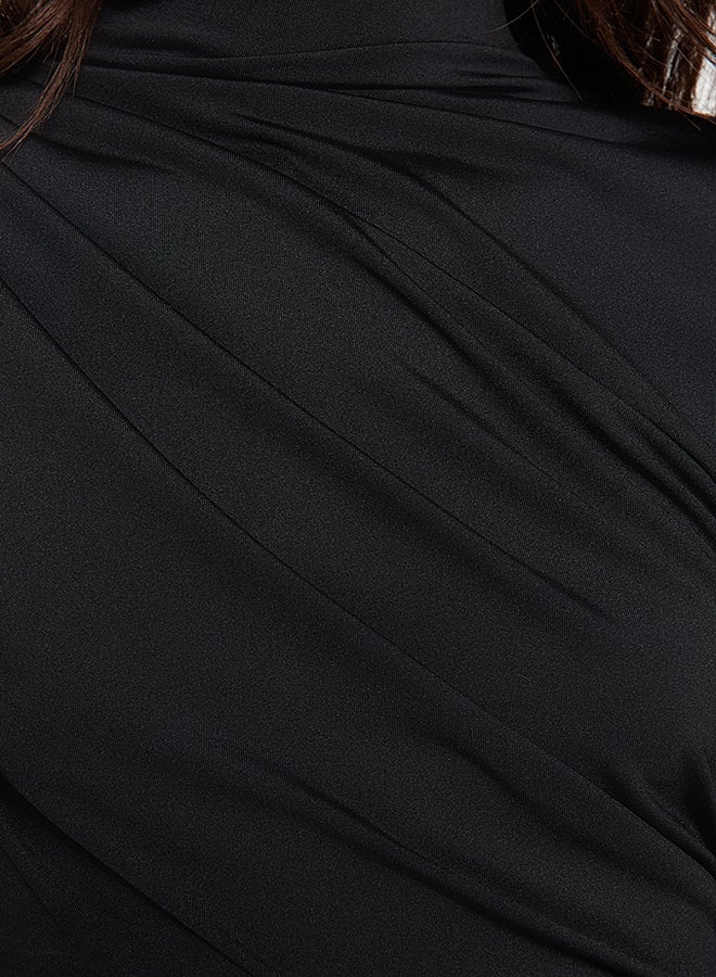 Black Drawstring Detailed Stand-Up Collar, Stretchy Knitted Bodysuit TWOAW24BD00014