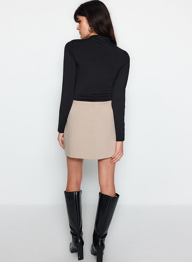 Black Drawstring Detailed Stand-Up Collar, Stretchy Knitted Bodysuit TWOAW24BD00014