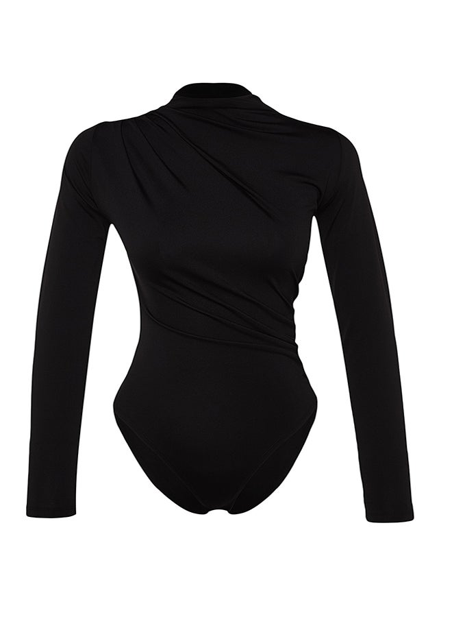Black Drawstring Detailed Stand-Up Collar, Stretchy Knitted Bodysuit TWOAW24BD00014
