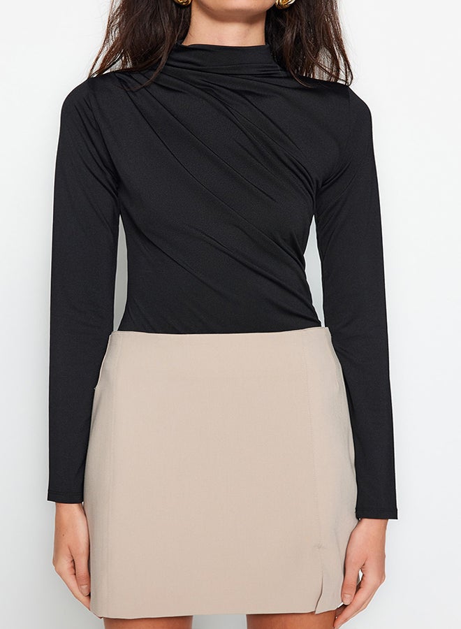 Black Drawstring Detailed Stand-Up Collar, Stretchy Knitted Bodysuit TWOAW24BD00014