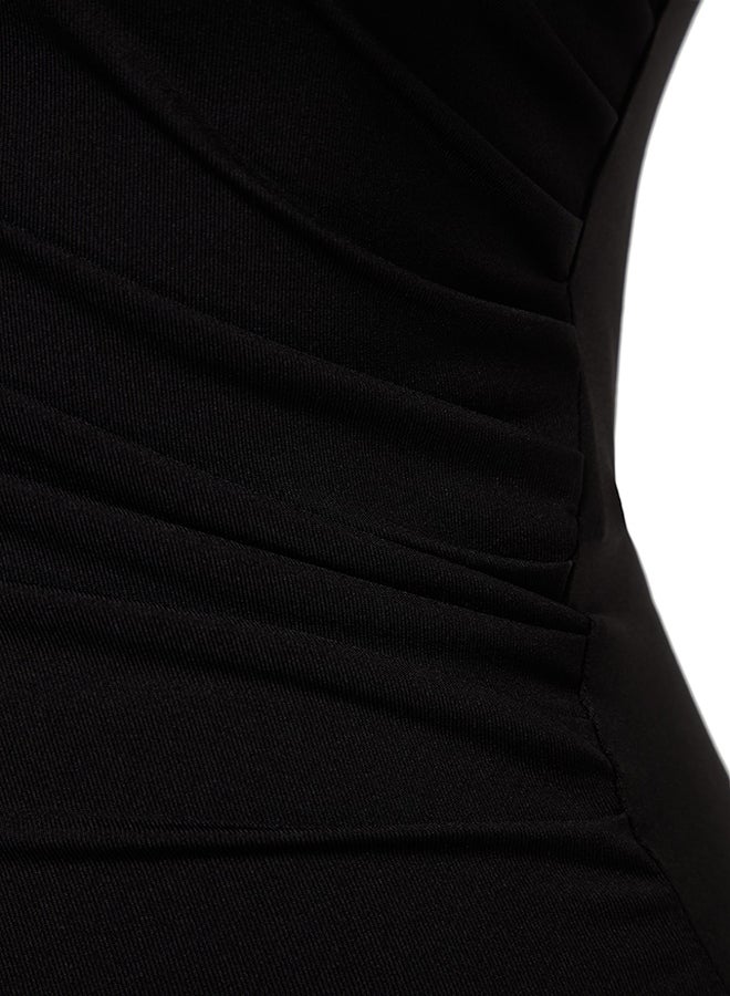 Black Drawstring Detailed Stand-Up Collar, Stretchy Knitted Bodysuit TWOAW24BD00014