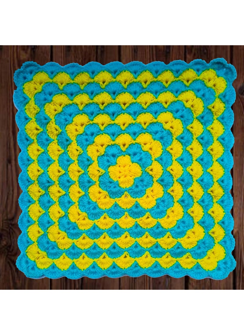 RR RR RITIKA Square wool Crochet Handmade Table Mat (33 cm, Sky Blue & Lemon)  - Image 1