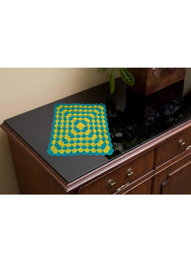 RR RR RITIKA Square wool Crochet Handmade Table Mat (33 cm, Sky Blue & Lemon)  - Image 3