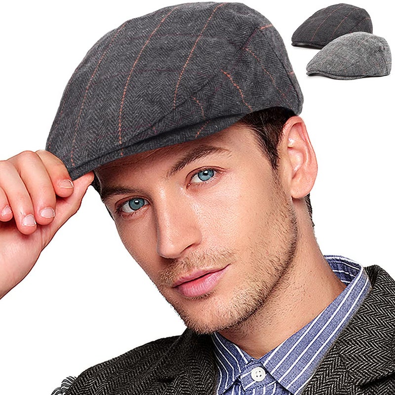 LADYBRO 2Pack Tweed Newsboy Hats for Men Winter Flat Cap (Plaid Black+Grey, S/M, 7 1/4) - Image 1