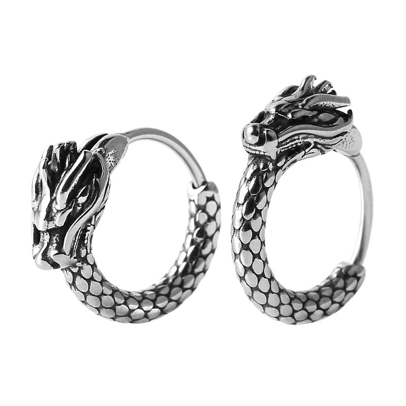 HZMAN Men Women 2pcs Punk Rock Silver Dragon Stainless Steel Perforated Round Stud Earrings Jewelry Gift (Dragon Head) - Image 1