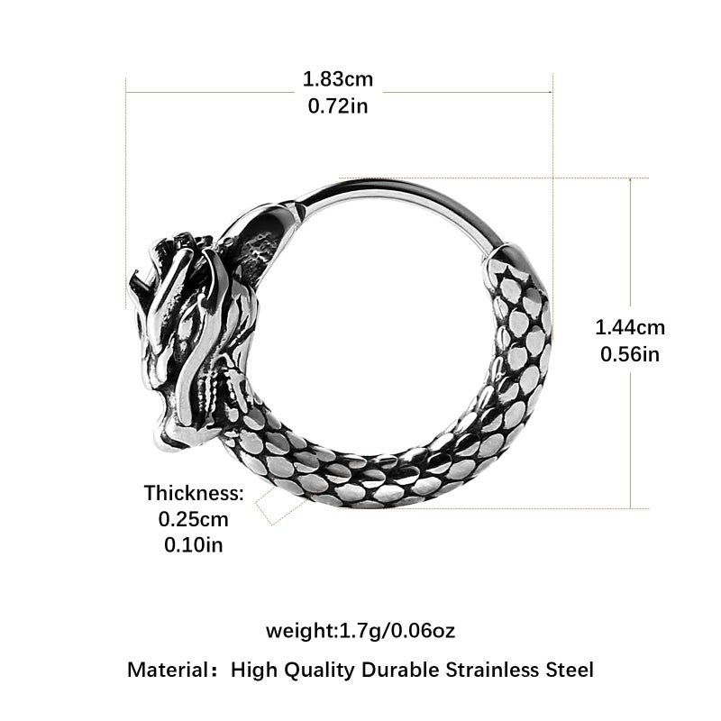 HZMAN Men Women 2pcs Punk Rock Silver Dragon Stainless Steel Perforated Round Stud Earrings Jewelry Gift (Dragon Head) - Image 2