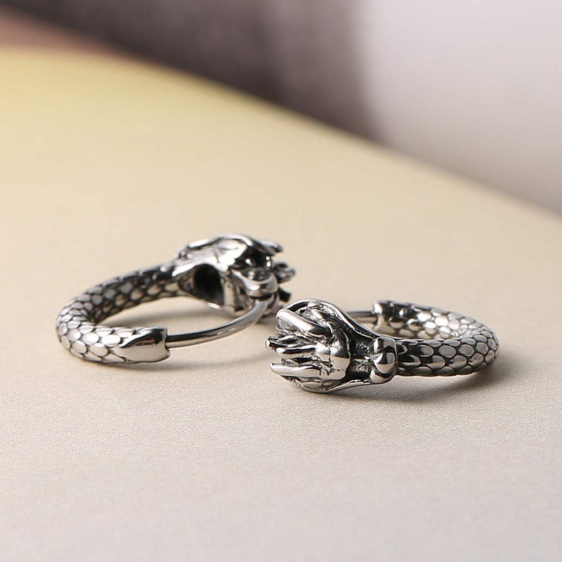HZMAN Men Women 2pcs Punk Rock Silver Dragon Stainless Steel Perforated Round Stud Earrings Jewelry Gift (Dragon Head) - Image 5